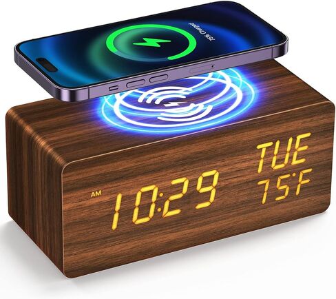 Wooden Digital Alarm Clock for Bedrooms, Alarm Clock with Wireless Charging, Adjustable Brightness and 3-Level Alarm Sound, Digital Clock with Dual Alarm and WeekDay Mode, Temperature and Date Display in Saudi Arabia