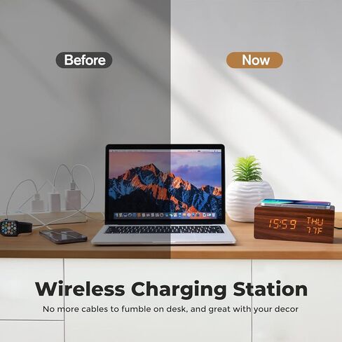 Wooden Digital Alarm Clock for Bedrooms, Alarm Clock with Wireless Charging, Adjustable Brightness and 3-Level Alarm Sound, Digital Clock with Dual Alarm and WeekDay Mode, Temperature and Date Display in Saudi Arabia