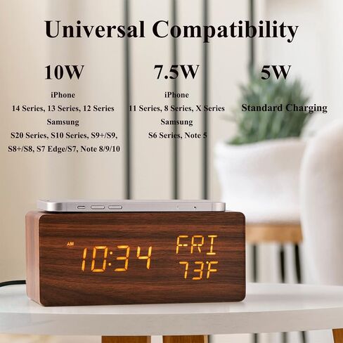 Wooden Digital Alarm Clock for Bedrooms, Alarm Clock with Wireless Charging, Adjustable Brightness and 3-Level Alarm Sound, Digital Clock with Dual Alarm and WeekDay Mode, Temperature and Date Display in Saudi Arabia