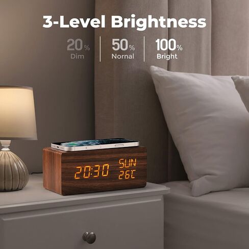 Wooden Digital Alarm Clock for Bedrooms, Alarm Clock with Wireless Charging, Adjustable Brightness and 3-Level Alarm Sound, Digital Clock with Dual Alarm and WeekDay Mode, Temperature and Date Display in Saudi Arabia