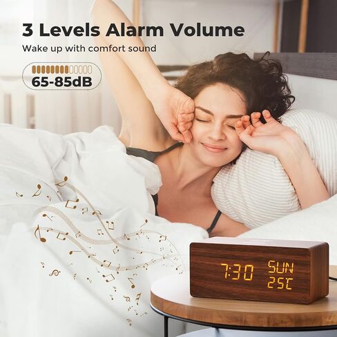Wooden Digital Alarm Clock for Bedrooms, Alarm Clock with Wireless Charging, Adjustable Brightness and 3-Level Alarm Sound, Digital Clock with Dual Alarm and WeekDay Mode, Temperature and Date Display in Saudi Arabia