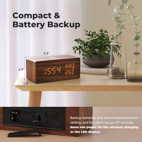 Wooden Digital Alarm Clock for Bedrooms, Alarm Clock with Wireless Charging, Adjustable Brightness and 3-Level Alarm Sound, Digital Clock with Dual Alarm and WeekDay Mode, Temperature and Date Display in Saudi Arabia