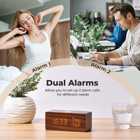 Wooden Digital Alarm Clock for Bedrooms, Alarm Clock with Wireless Charging, Adjustable Brightness and 3-Level Alarm Sound, Digital Clock with Dual Alarm and WeekDay Mode, Temperature and Date Display in Saudi Arabia