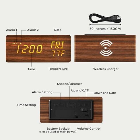 Wooden Digital Alarm Clock for Bedrooms, Alarm Clock with Wireless Charging, Adjustable Brightness and 3-Level Alarm Sound, Digital Clock with Dual Alarm and WeekDay Mode, Temperature and Date Display in Saudi Arabia