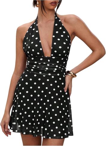 Milumia Women's Polka Dots Ruched Backless Halter Mini Dress Sexy Deep V Neck A Line Short Dresses in Saudi Arabia