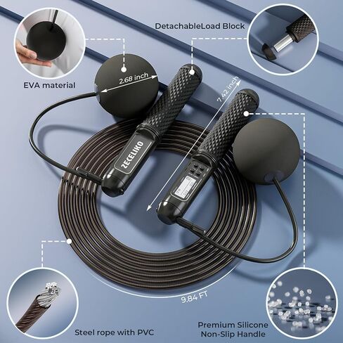 حبل قفزة ذكية مع عرض LED ومكافحة القفز ، وتصميم مستلزم مرجح لـ Home Gym & Hiit ، وسلك فولاذي قابل للتعديل للياقة البدنية ، والقفزات ، والسعرات الحرارية والوقت ، للرجال والنساء والأطفال in Saudi Arabia