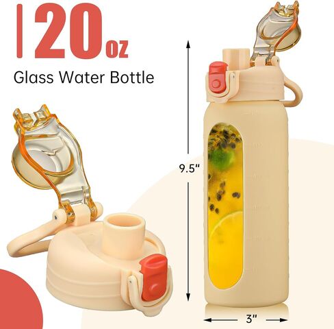 SIEROZUR 20oz Borosilicate Glass Water Bottle with Flip Lid and Silicone Sleeve Reusable Drinking Bottle with Handle for Coffee,Tea and Water,BPA-free Dishwasher Safe in Saudi Arabia