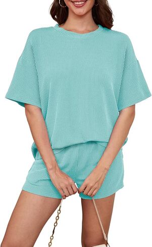 AXOSY Women 2 Piece Outfits Short Sleeve Top and Shorts Tracksuits Summer Lounge Pajama Sets in Kuwait