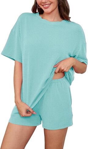 AXOSY Women 2 Piece Outfits Short Sleeve Top and Shorts Tracksuits Summer Lounge Pajama Sets in Kuwait