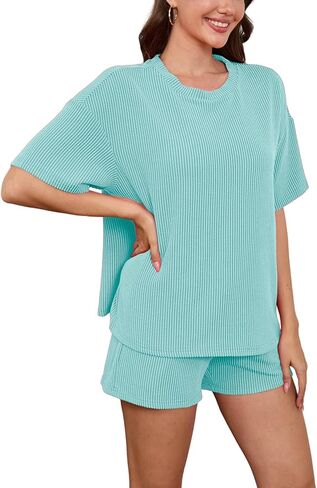 AXOSY Women 2 Piece Outfits Short Sleeve Top and Shorts Tracksuits Summer Lounge Pajama Sets in Kuwait