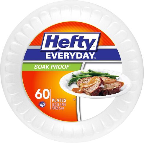 Hefty Everyday Soak-Proof Foam Plates, White, 10.25 Inch, 60 Count in Kuwait