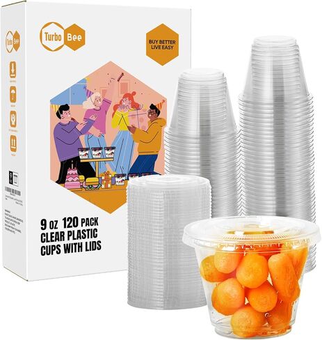 Turbo Bee 200 Pack 9 Oz أكواب بلاستيكية شفافة مع أغطية مسطحة ، أكواب حلوى يمكن التخلص منها مع أغطية للفاكهة ، عصير الوجبات الخفيفة ، البودنج والآيس كريم (بدون ثقب) in Kuwait