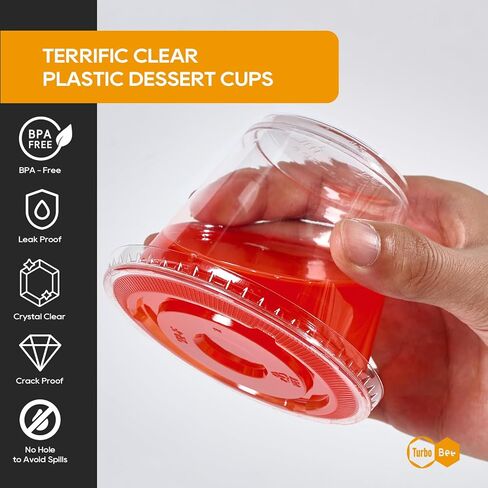 Turbo Bee 200 Pack 9 Oz أكواب بلاستيكية شفافة مع أغطية مسطحة ، أكواب حلوى يمكن التخلص منها مع أغطية للفاكهة ، عصير الوجبات الخفيفة ، البودنج والآيس كريم (بدون ثقب) in Kuwait