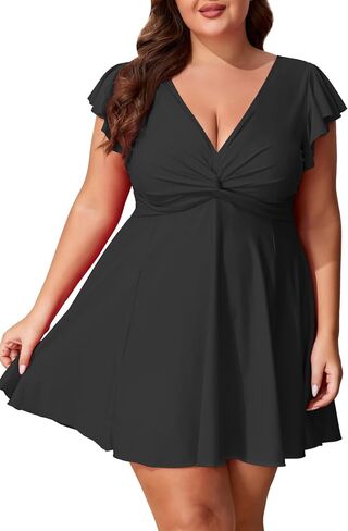 Smismivo Women Plus Size Swim Dres Tummy Control One Piece Swimsuits Push Up Bathing Suit V Neck Ruffle Slimming Swimwear in Saudi Arabia
