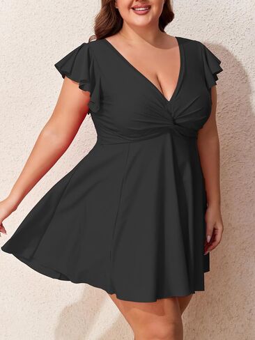 Smismivo Women Plus Size Swim Dres Tummy Control One Piece Swimsuits Push Up Bathing Suit V Neck Ruffle Slimming Swimwear in Saudi Arabia