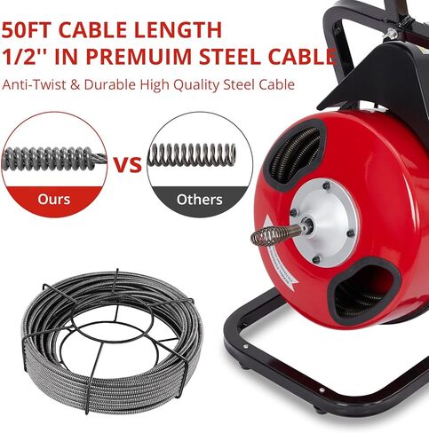 50Ft 1/2 Inch Electric Drain Cleaner Machine Auto Feed Drain Auger for 1 to 4 Inch Pipes Professional Sewer Snake with 4 Cutters Gloves Heavy Duty Clog Remover in Saudi Arabia