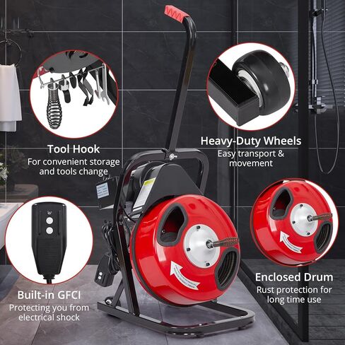 50Ft 1/2 Inch Electric Drain Cleaner Machine Auto Feed Drain Auger for 1 to 4 Inch Pipes Professional Sewer Snake with 4 Cutters Gloves Heavy Duty Clog Remover in Saudi Arabia