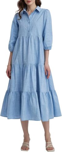 Kedera Womens 3/4 Sleeve Tiered Maxi Dresses Button Button Down Tie Tie Pheist Flowy Shirt Midi Dresses Long French Sundress in Saudi Arabia