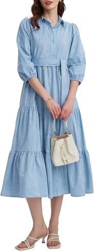 Kedera Womens 3/4 Sleeve Tiered Maxi Dresses Button Button Down Tie Tie Pheist Flowy Shirt Midi Dresses Long French Sundress in Saudi Arabia