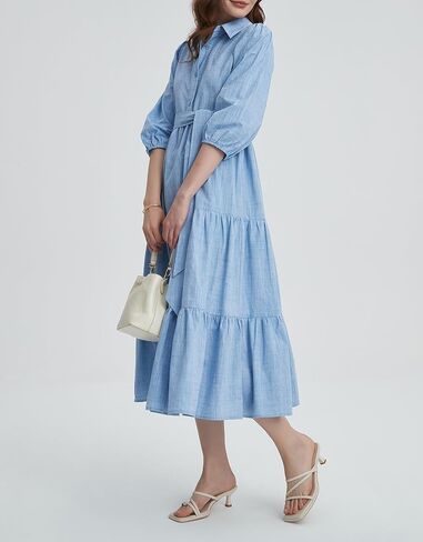Kedera Womens 3/4 Sleeve Tiered Maxi Dresses Button Button Down Tie Tie Pheist Flowy Shirt Midi Dresses Long French Sundress in Saudi Arabia