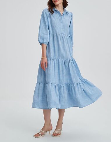 Kedera Womens 3/4 Sleeve Tiered Maxi Dresses Button Button Down Tie Tie Pheist Flowy Shirt Midi Dresses Long French Sundress in Saudi Arabia