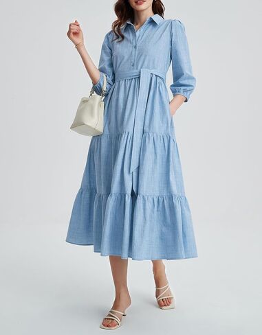 Kedera Womens 3/4 Sleeve Tiered Maxi Dresses Button Button Down Tie Tie Pheist Flowy Shirt Midi Dresses Long French Sundress in Saudi Arabia