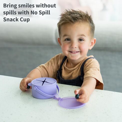 Silicone No Spill Snack Cups for Toddlers – Portable Baby Snack Cup Containers with Dustproof Lid – Dishwasher-Friendly Toddler Spill Proof Cups Without BPA, Lead, or Phthalates – Blue and Beige in Kuwait