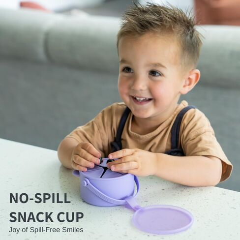 Silicone No Spill Snack Cups for Toddlers – Portable Baby Snack Cup Containers with Dustproof Lid – Dishwasher-Friendly Toddler Spill Proof Cups Without BPA, Lead, or Phthalates – Blue and Beige in Kuwait