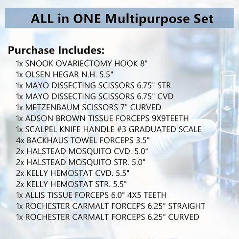 A2Z Stainless Steel 22 Pcs Veterinary Instruments Set Includes Kelly Forceps Mosquito Hemostats Carmalt Rochester Backhaus Towel Clamps Mayo Metzenbaum Scissors Multipurpose Spay Pack Kit-All in ONE in Saudi Arabia