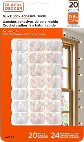 BLACK+DECKER Solid Wall Hooks, Quick Stick Adhesive, Removeable, 20 Wall Hooks, 24 Adhesive Strips, Hang Decorations Without Damaging Walls, up to 0.5lb., Clear in Saudi Arabia