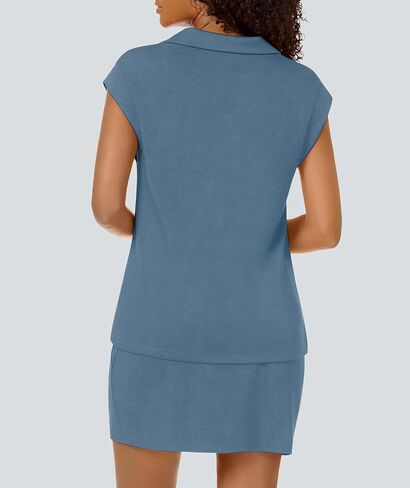 2 Piece Set for Women 2025 Summer Outfits Lapel Cap Sleeve Tops High Waisted Skirts Sweatsuit Workout Set Blue Grey M in Saudi Arabia
