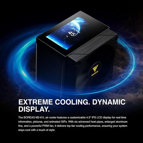 Gamdias Boreas M2-61L CPU Air Cooler ، 4.3 '' 'IPS LCD Display Cover ، 6 heatpipes copper ، heathink الألمنيوم ، مروحة منخفضة 120 مم ، دعم GIF w/software ، AMD AM5/AM4 ； Intel LGA 1851/1700 ، Black in Kuwait