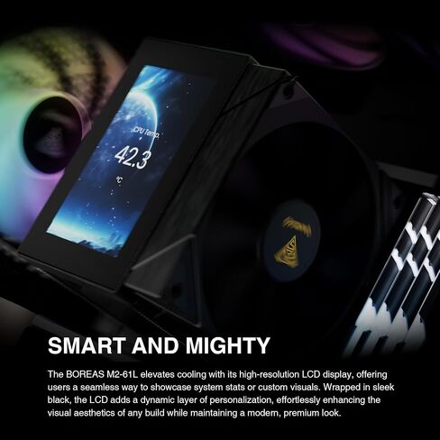 Gamdias Boreas M2-61L CPU Air Cooler ، 4.3 '' 'IPS LCD Display Cover ، 6 heatpipes copper ، heathink الألمنيوم ، مروحة منخفضة 120 مم ، دعم GIF w/software ، AMD AM5/AM4 ； Intel LGA 1851/1700 ، Black in Kuwait