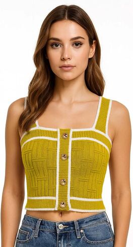 Women’s Sleeveless Knit Crop Top Square Neck Button Front Ribbed Tank Cami Fitted Stretchy Summer Layering Shirt in Saudi Arabia