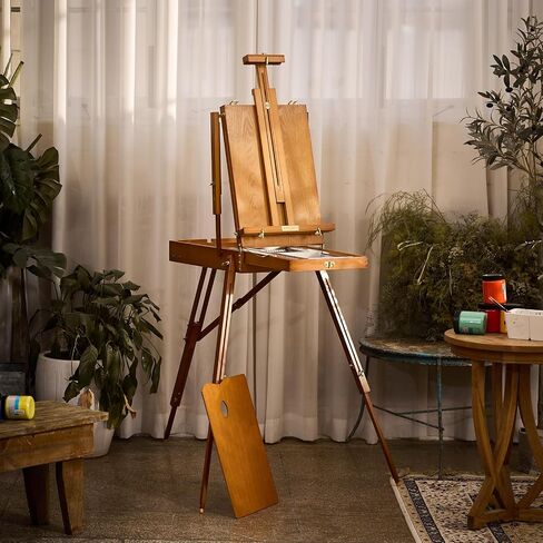 ATWORTH French Easel for Painting, Deluxe Oak Wooden Field & Studio Sketchbox Easel Stand with Metal Side Tray, Portable Tabletop & Tripod Floor Painting Easel, Holds Canvas up to 34"- Walnut in Kuwait