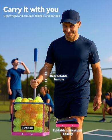 Pickleball Ball Picker العلوي ، سلة خفيفة الوزن قابلة للطي مع مقبض من الفولاذ المقاوم للصدأ تلسكوبيا ، مستردات متعددة الكرة متعددة الجهد ، المحمولة للمحاكم ، تخزين سهلة in Saudi Arabia