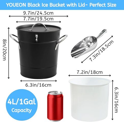 YOUEON 4L Ice Bucket with Scoop and Lid, Double Walled Insulated Wine Bucket Chiller with Carry Handles, Beverage Tub for Cocktail Party, Camping, BBQ, Indoor & Outdoor Use, Black in Saudi Arabia