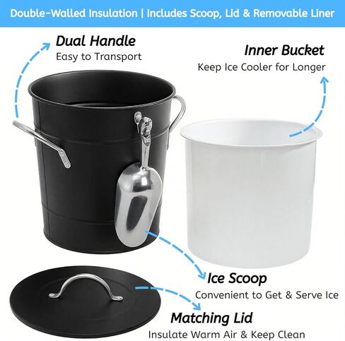 YOUEON 4L Ice Bucket with Scoop and Lid, Double Walled Insulated Wine Bucket Chiller with Carry Handles, Beverage Tub for Cocktail Party, Camping, BBQ, Indoor & Outdoor Use, Black in Saudi Arabia