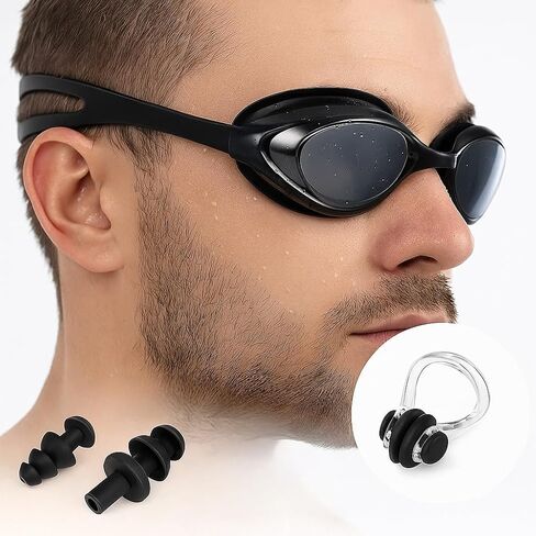 Swim Goggles - Swimming Goggles with Nose Clip + Ear Plugs, Anti Fog for Adult Men Women Youth (Black) in Saudi Arabia