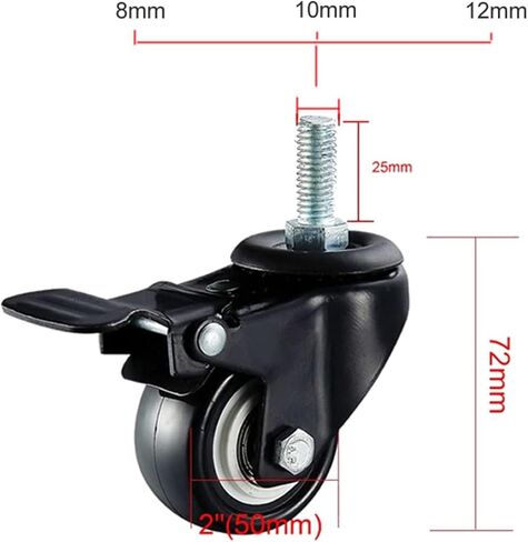 عجلات عالية الحمل 2 بوصة PU مع عجلة الفرامل برغي الرصاص مبعدات M10x25mm 2pcs (بدون فرامل X M10) in Saudi Arabia