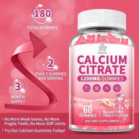 Calcium Citrate Gummies 1200 mg for Adults, High Absorption Pure Calcium Supplement for Women & Men, Sugar Free, Non-GMO, Gluten Free, Supports Muscle & Immune - Natural Peach Flavor, 120 Gummies in Saudi Arabia
