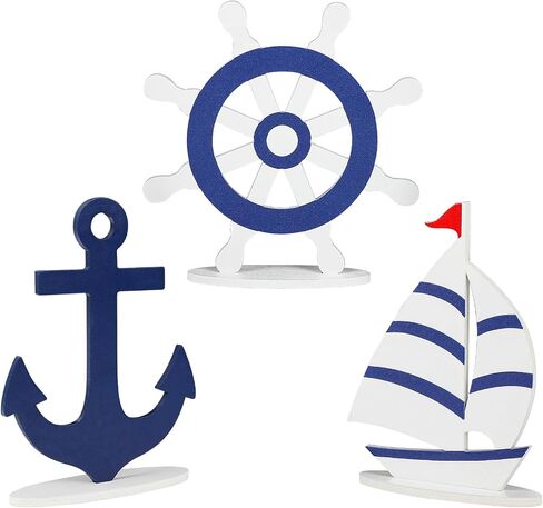 COCHIE Wooden Anchor Nautical Decorations Set of 3, Double-Sided Summer Nautical Tiered Tray Decor, Wood Cruise Anchors Sign for Tabletop, Home, Office, Desk, Shelf, Party Decoration (Shinny Anchor) in Saudi Arabia