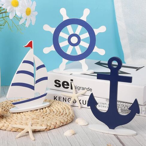 COCHIE Wooden Anchor Nautical Decorations Set of 3, Double-Sided Summer Nautical Tiered Tray Decor, Wood Cruise Anchors Sign for Tabletop, Home, Office, Desk, Shelf, Party Decoration (Shinny Anchor) in Saudi Arabia