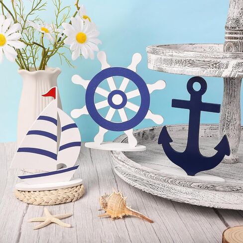 COCHIE Wooden Anchor Nautical Decorations Set of 3, Double-Sided Summer Nautical Tiered Tray Decor, Wood Cruise Anchors Sign for Tabletop, Home, Office, Desk, Shelf, Party Decoration (Shinny Anchor) in Saudi Arabia