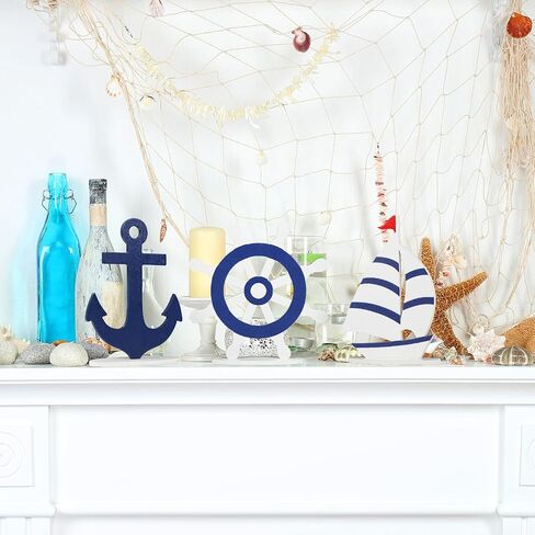 COCHIE Wooden Anchor Nautical Decorations Set of 3, Double-Sided Summer Nautical Tiered Tray Decor, Wood Cruise Anchors Sign for Tabletop, Home, Office, Desk, Shelf, Party Decoration (Shinny Anchor) in Saudi Arabia