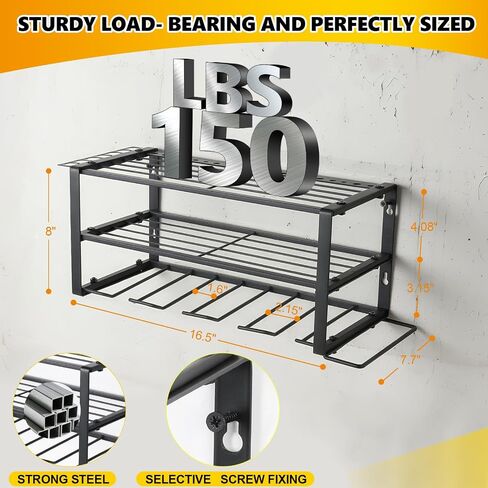 Power Tool Organizer Wall Mount,Heavy Duty Iron Material, Garage & Workshop Tool Organizer Storage,150Lbs Load 3 Layers Storage Rack with 4 Drill Holders for Drills Cordless Tools,Matte Black in Saudi Arabia