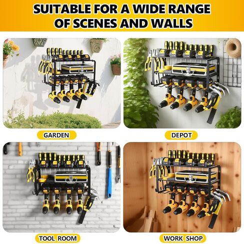 Power Tool Organizer Wall Mount,Heavy Duty Iron Material, Garage & Workshop Tool Organizer Storage,150Lbs Load 3 Layers Storage Rack with 4 Drill Holders for Drills Cordless Tools,Matte Black in Saudi Arabia