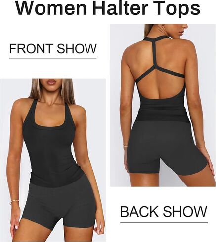 Halter Workout Tops for Women Racerback Ribbed Fitted Tank Tops Scoop Neck Split-Back Shirts for Yoga Athletic Sport in Kuwait