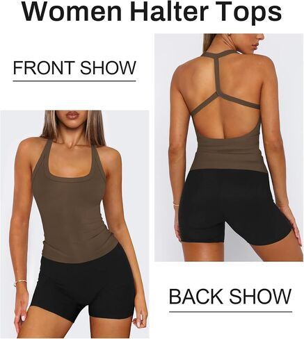 Halter Workout Tops for Women Racerback Ribbed Fitted Tank Tops Scoop Neck Split-Back Shirts for Yoga Athletic Sport in Kuwait