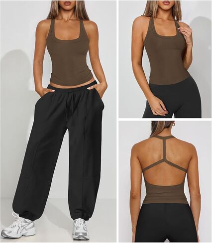 Halter Workout Tops for Women Racerback Ribbed Fitted Tank Tops Scoop Neck Split-Back Shirts for Yoga Athletic Sport in Kuwait